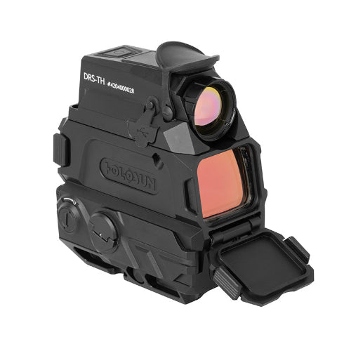 Holosun DRS-TH front three-quarter view showing the thermal lens above the red dot window, turret caps and the open front cover