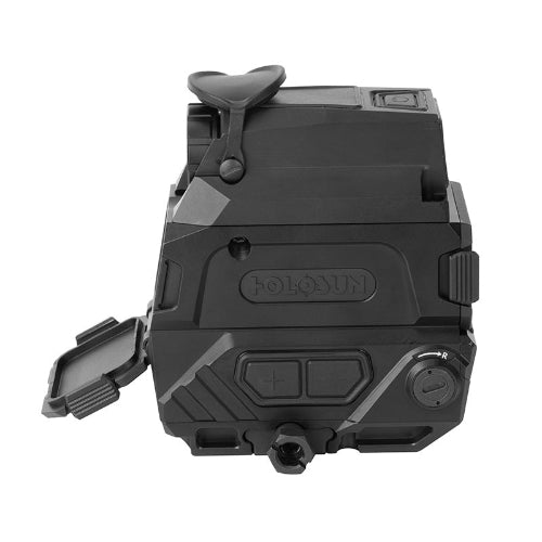 Holosun DRS-TH left side profile showing the plus and minus buttons, windage turret cap, thermal lens cover and open front cover