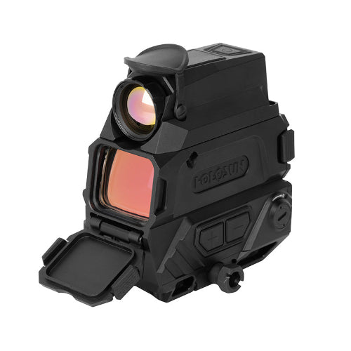 Holosun DRS-TH front three-quarter view from the left with the flip-down front cover open and plus and minus brightness buttons on the side